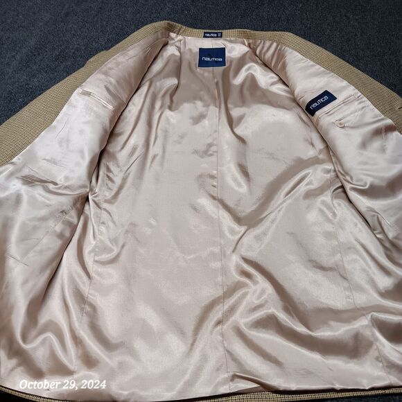 Nautica Blazer Men 44 Long Brown Mini Plaid 3 Button Silk and Worsted Wool - Picture 7 of 8